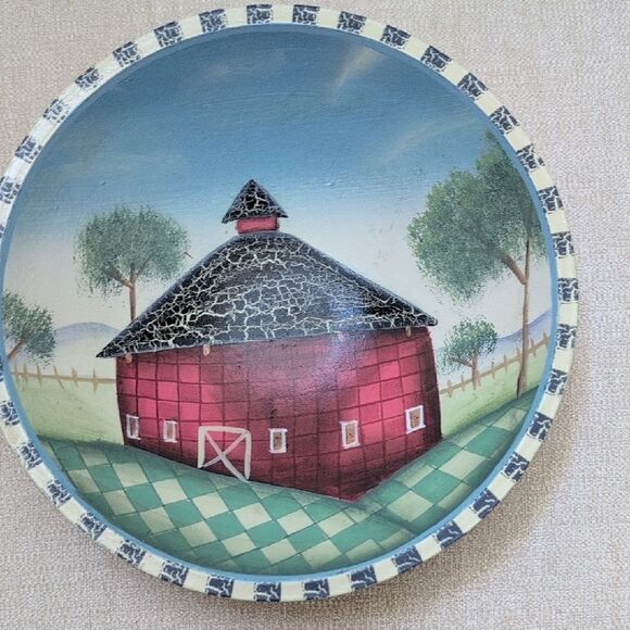 Vintage Primitive Hand Painted Wooden Bowl Country Red Barn Scene Vintage - Picture 3 of 10
